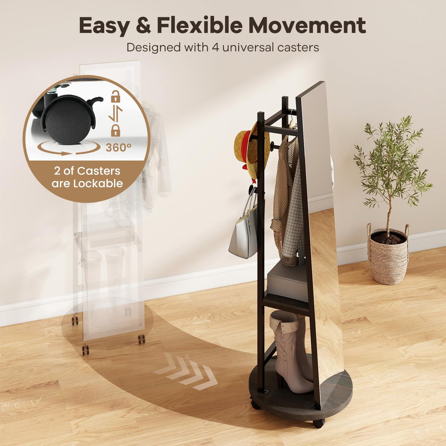 360¡ã Rotating Wood Frame Full Body Floor Mirror with Hanging Hooks