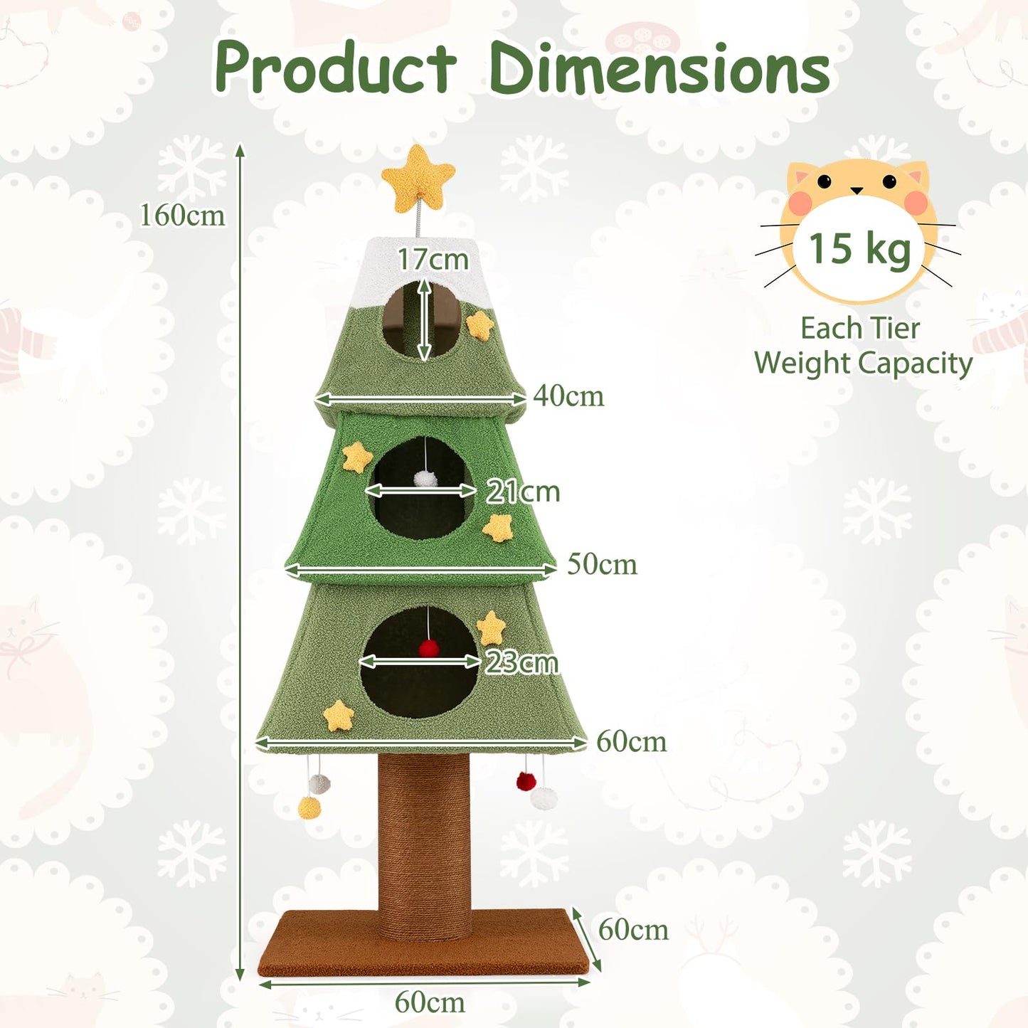 160cm Cute Cat Tower with 3 Condos and Sisal Scratching Post