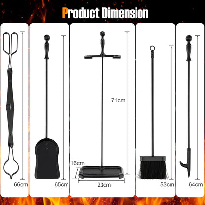 GiantexUK 5-Piece Fireplace Companion Set, Wrought Iron Fire Place Tools Set with Stand, Tong, Shovel, Brush & Poker