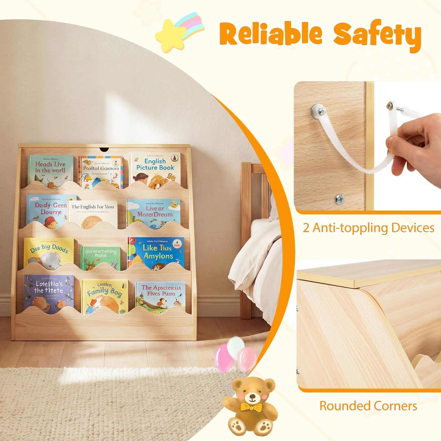 Kids Bookshelf, Wooden Toddler Book Toy Storage Organizer