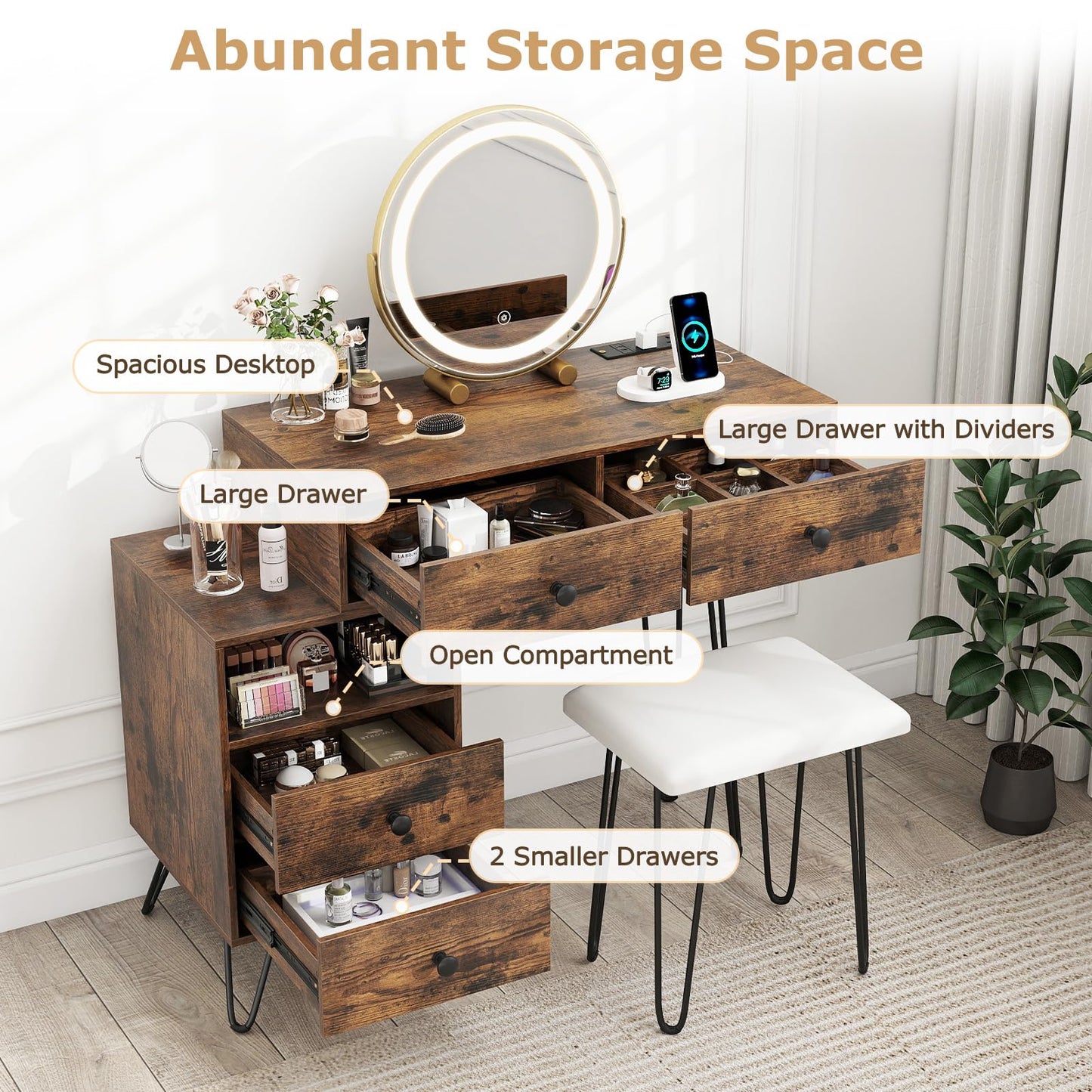 Dressing Table with 360° Rotation LED Mirror and Stool, Makeup Table Vanity Desk Set with Charging Station