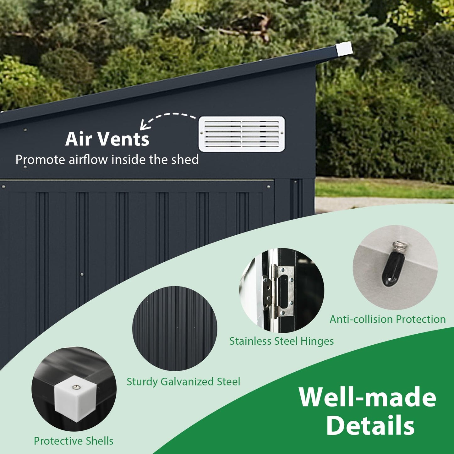 Triple Door Storage Shed with Galvanized Steel Tool and Bike Storage