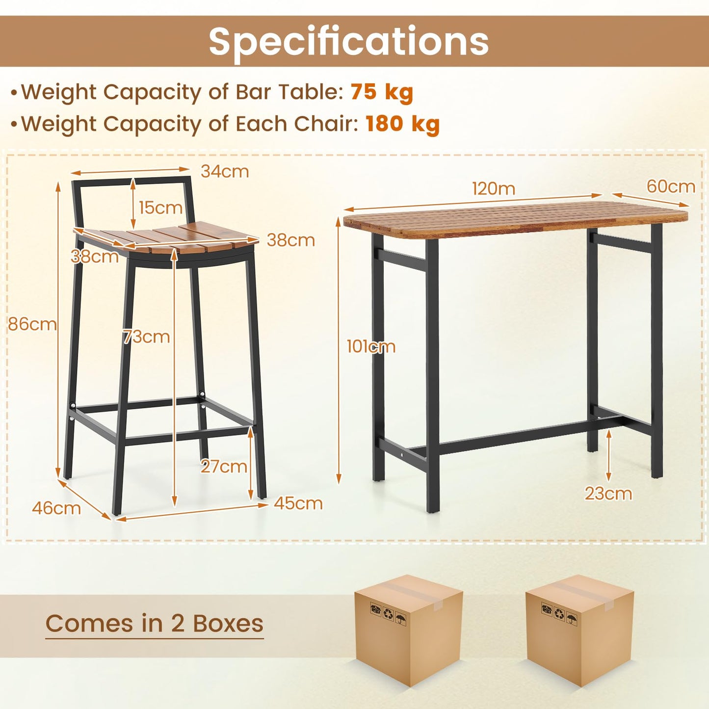 5 Piece Acacia Wood Bar Table Set with Metal Frame and Footrest