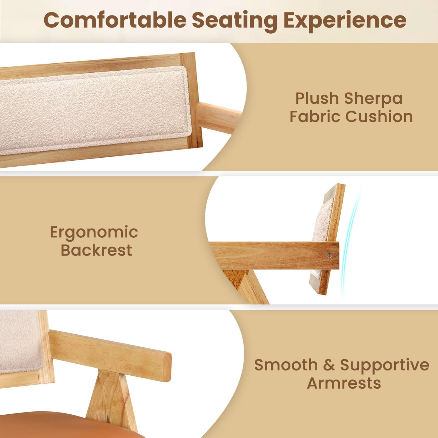 Rubber Wood Dining Bench with Armrest and Sherpa Upholstered Backrest