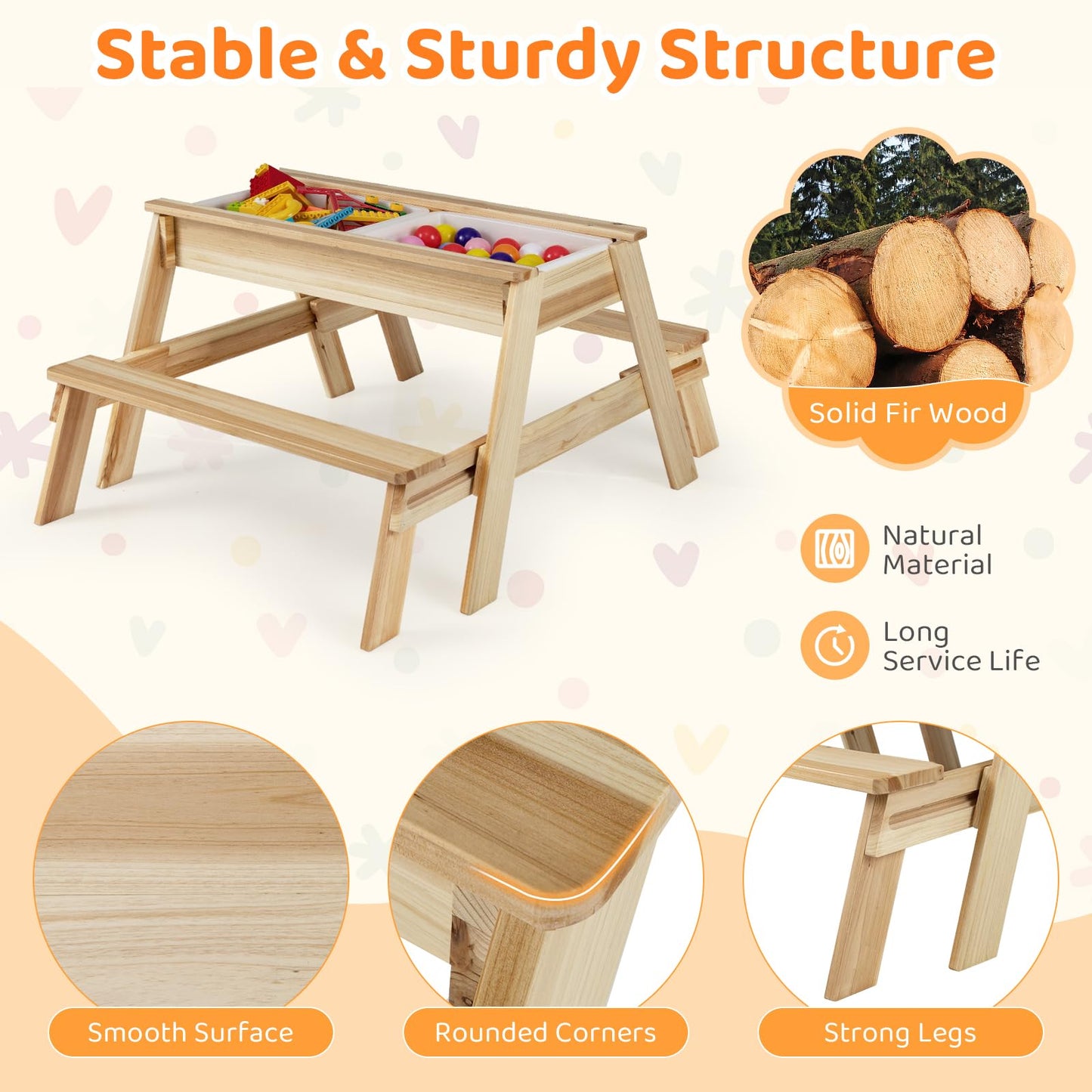 4 in 1 Wooden Table and Bench Set with Removable Top and 2 Storage Boxes