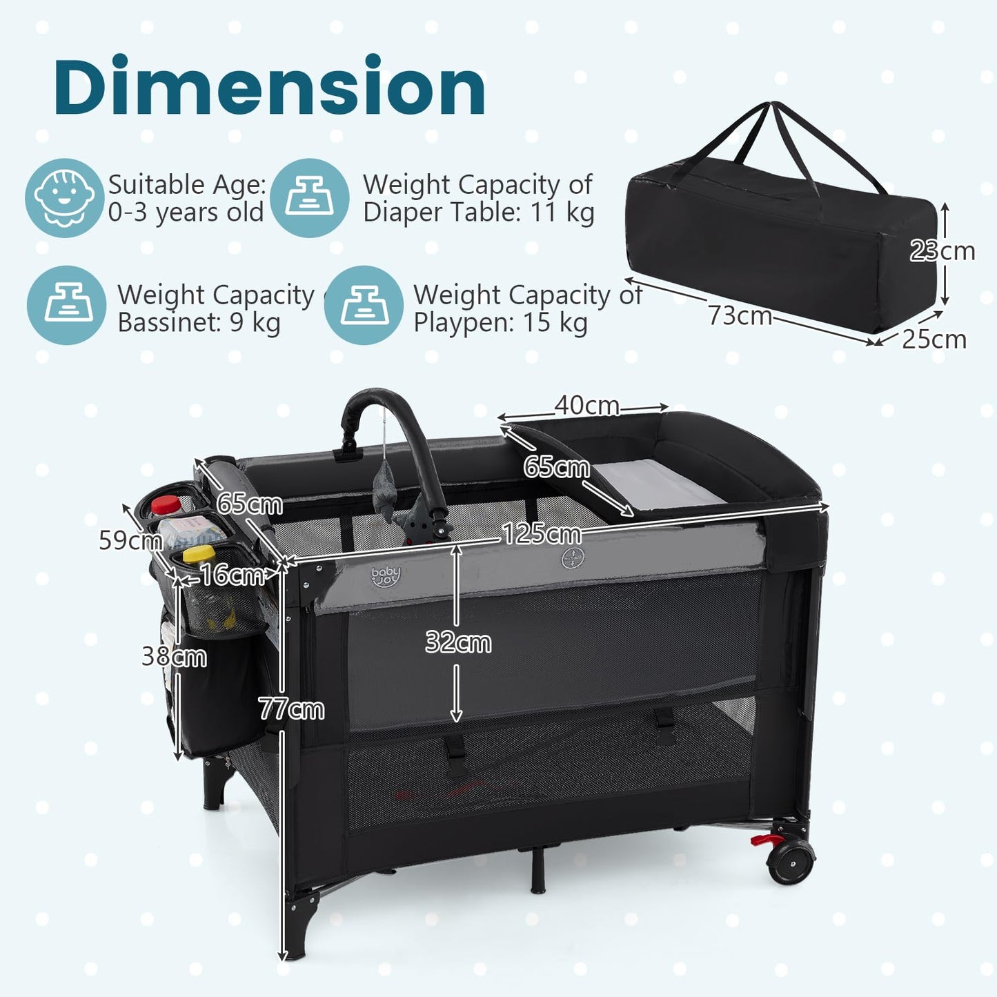 Foldable Pack and Play with 5 Adjustable Heights and Changing Table