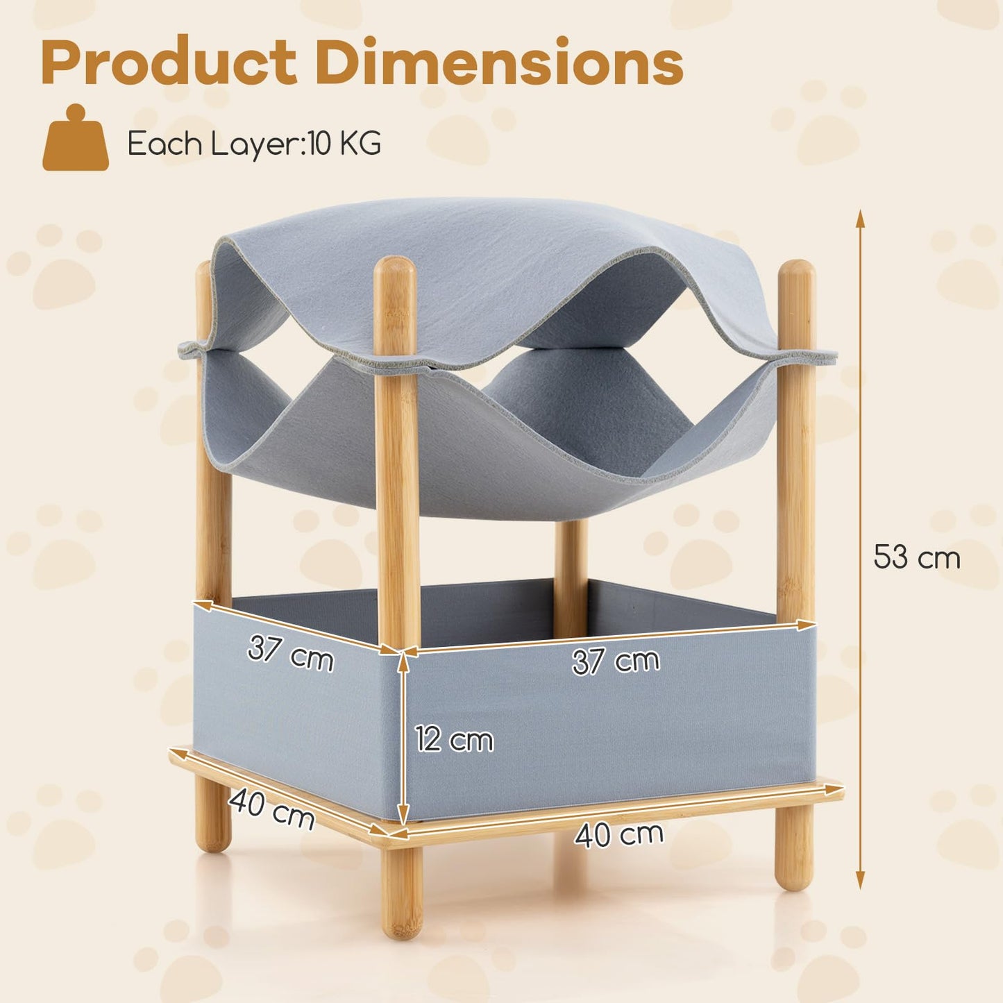 Elevated Cat Bed 2-tier Bamboo Frame Cat House with Dual-Layer Felt Fabric Top