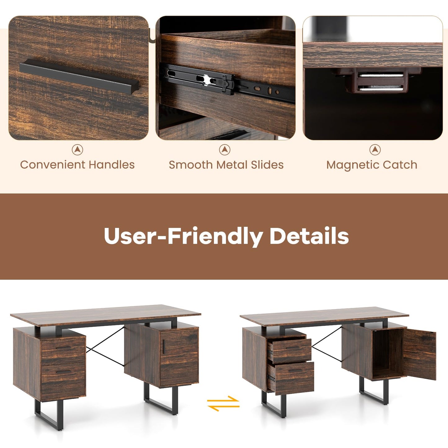 Computer Desk with Floating Desktop and Dual Drawers