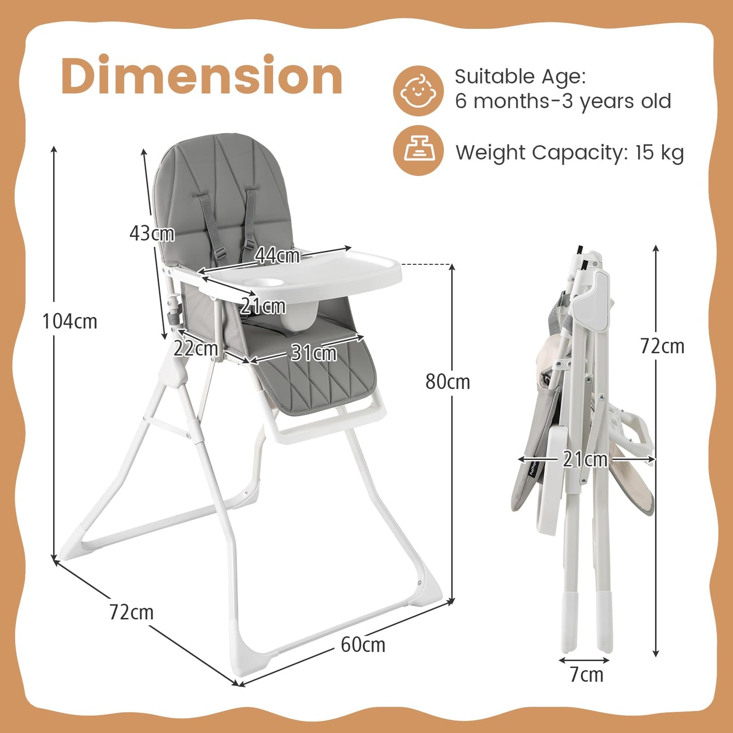 Foldable Baby Highchair Infant Dining Chair with 3-Position Adjustable Tray & Footrest