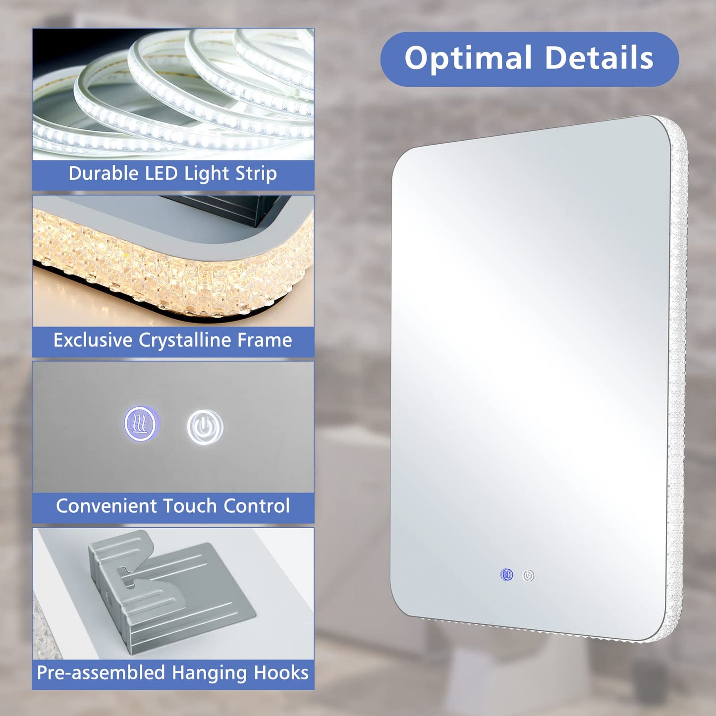 80x60cm Wall Mounted Mirror with Demister Pad