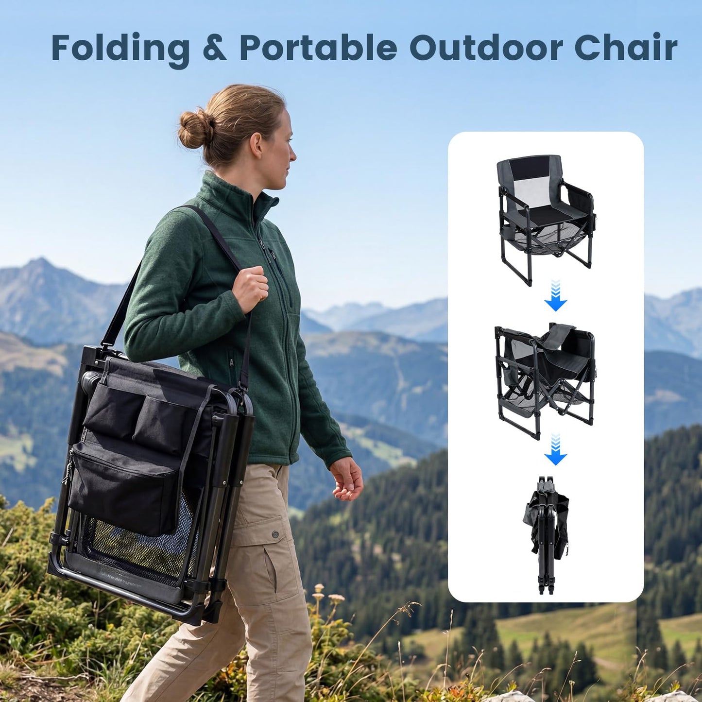 Folding Directors Chair, Oversized Camping Chairs (Black+Gray) | Cup Holder, Side Pocket, Bottle Opener