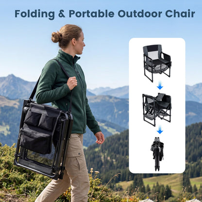 Folding Directors Chair, Oversized Camping Chairs (Black+Gray) | Cup Holder, Side Pocket, Bottle Opener