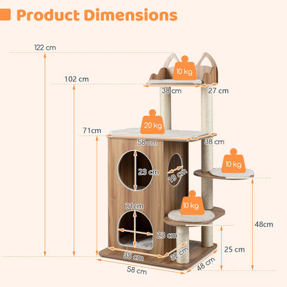 Wooden Cat Tree, 122cm Tall Multi-Layer Cat Tower with Cute Top Perch