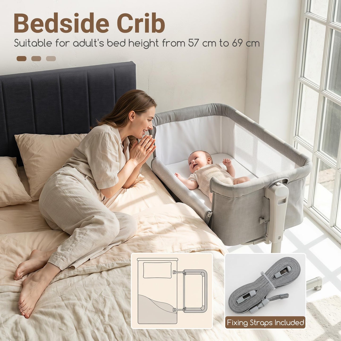 3-in-1 Baby Crib Height-Adjustable Bedside Crib with Castors