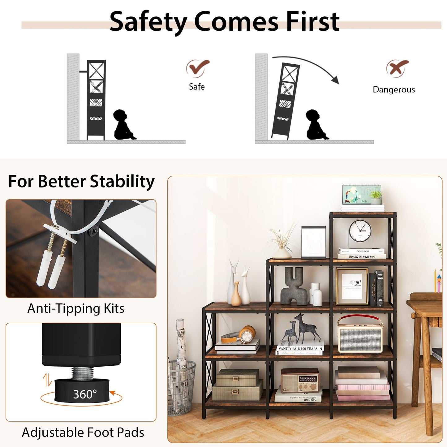 5-Tier Bookshelf 9 Cubes Bookcase with Carbon Steel Frame