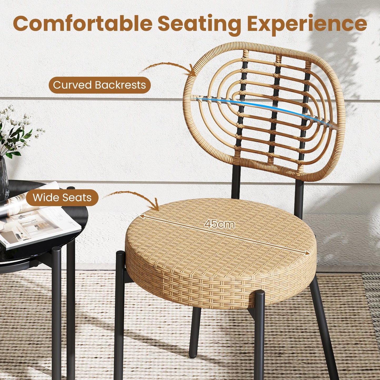 3 Pieces PE Wicker Outdoor Bistro Set Patio Conversation Set with Tempered Glass Coffee Table and Rattan Chairs
