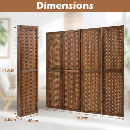 4 Panel Folding Room Divider with Pegboard Display  Wooden Wall Privacy Screen Protector