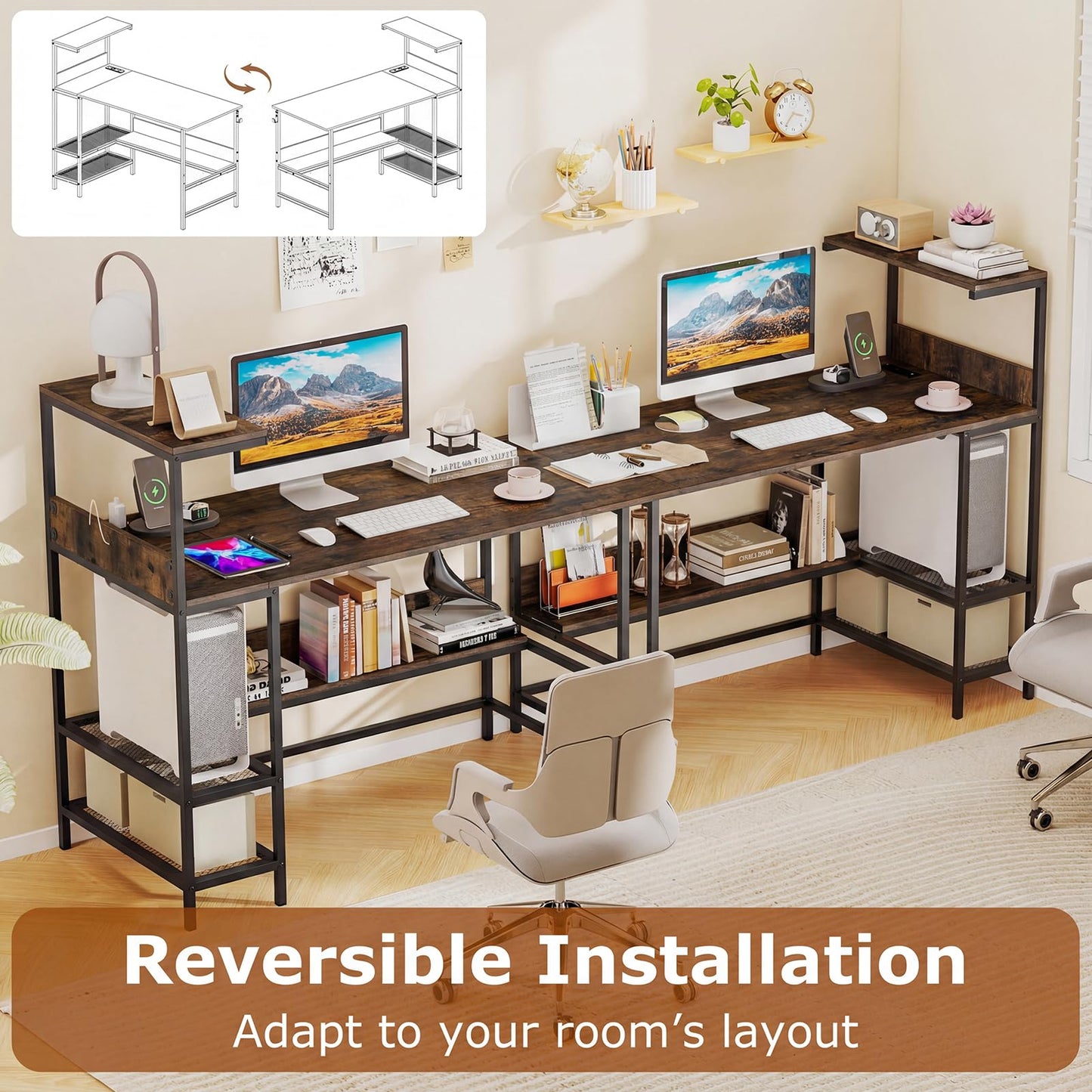 122.5 CM Computer Desk with Power Outlets & Storage Shelves and Headphone Hook for Working