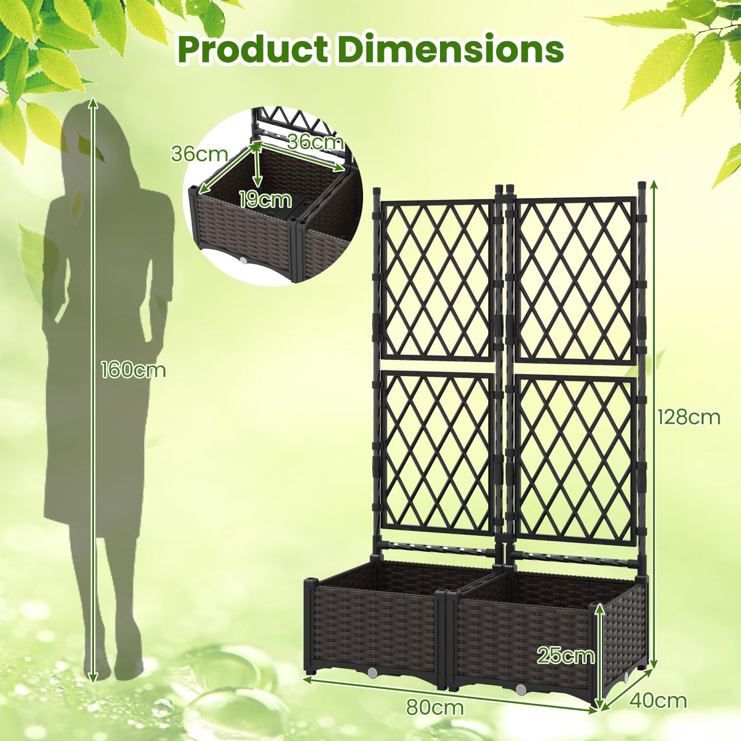 Garden Planter with Trellis with Self-Watering Device and Drainage Holes