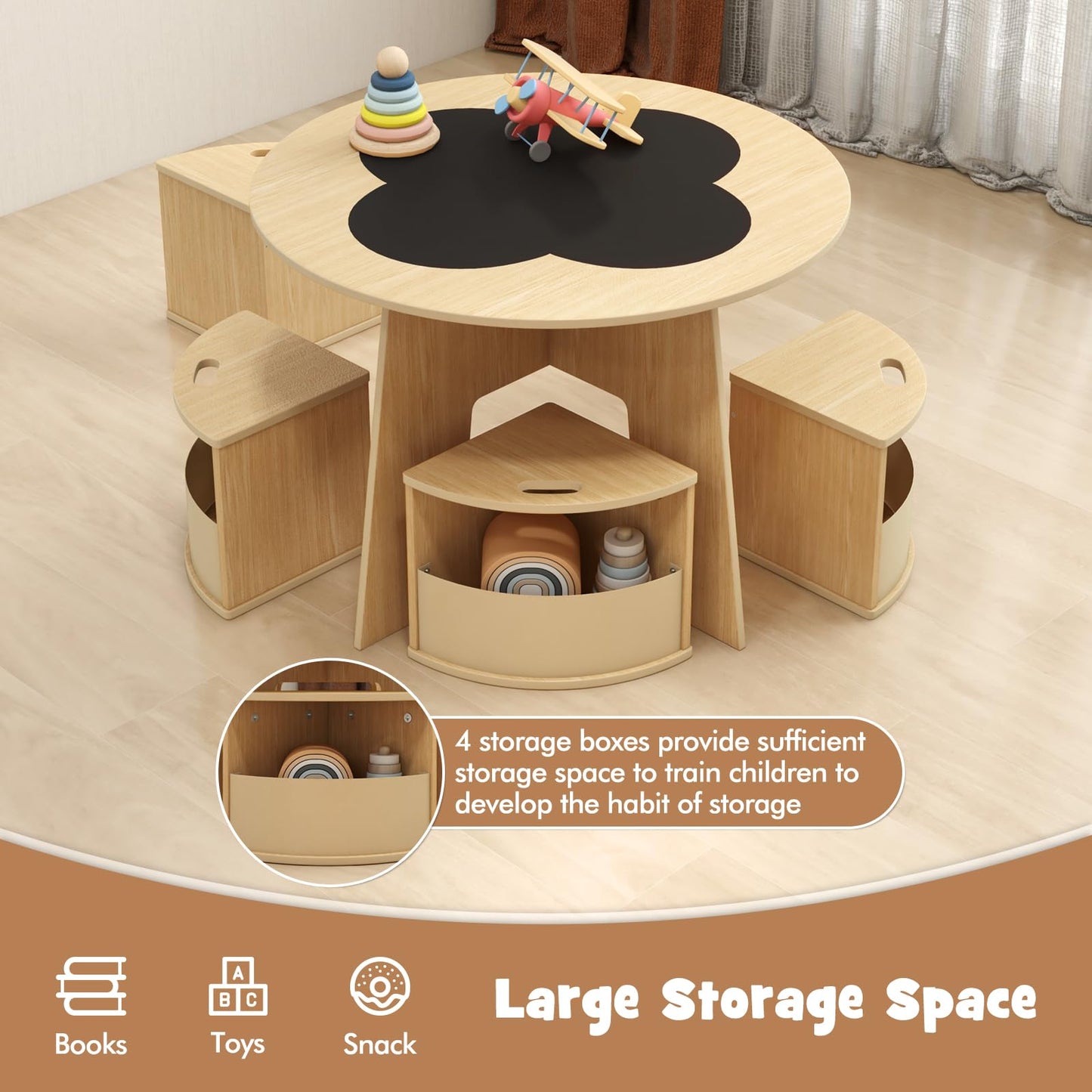 Kids Table and Chair Set, Wooden Flower Shaped Nesting Activity Desk