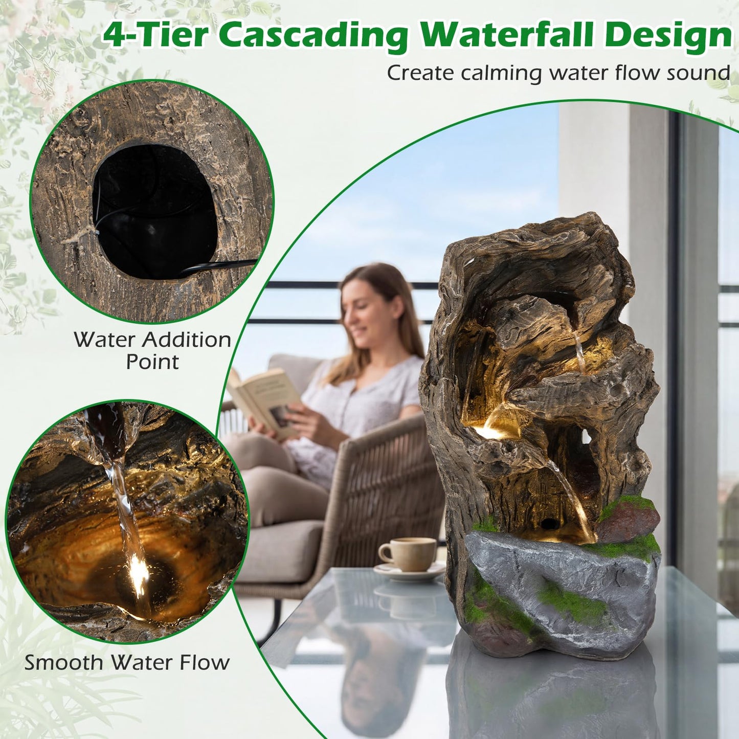 4-Tier Outdoor Water Fountain, Cascading Waterfall Fountain with 3 LED Lights