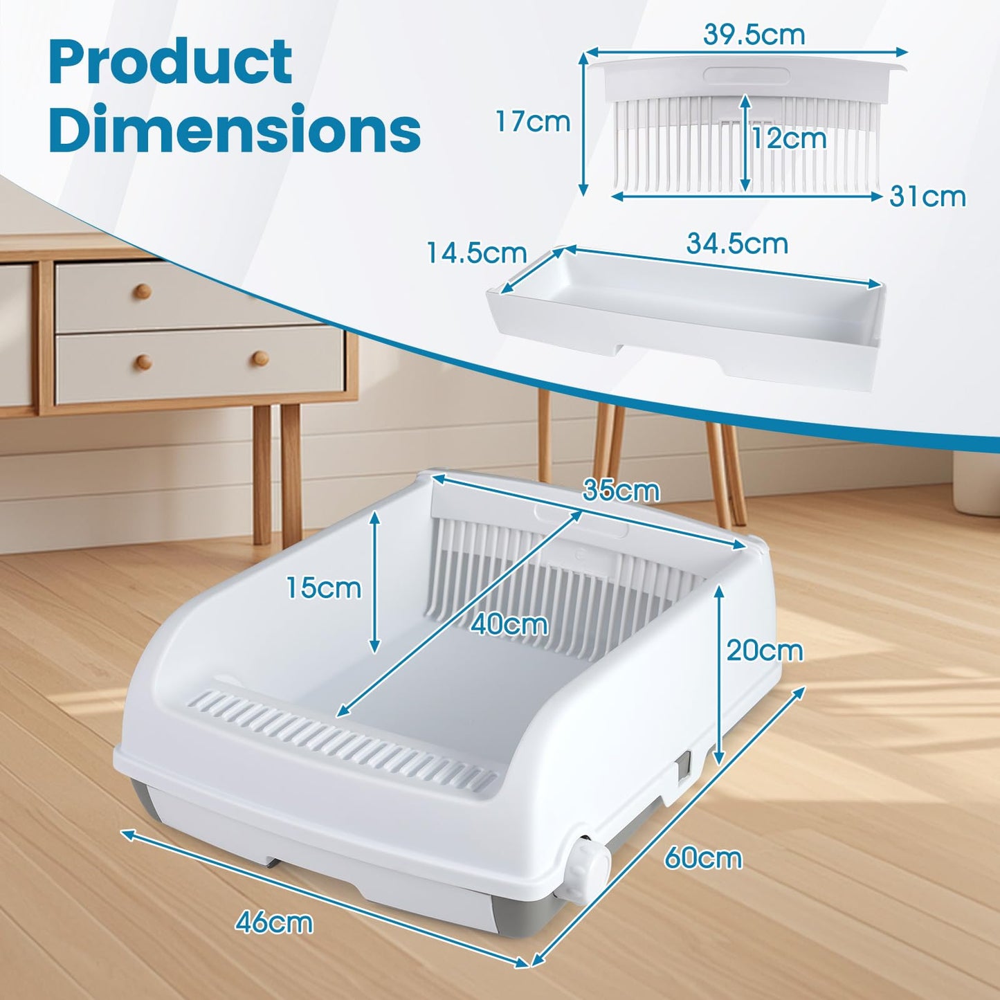 Cat Litter Box, Semi-auto Splash-proof Cat Toilet with Drawer-type Potty Tray