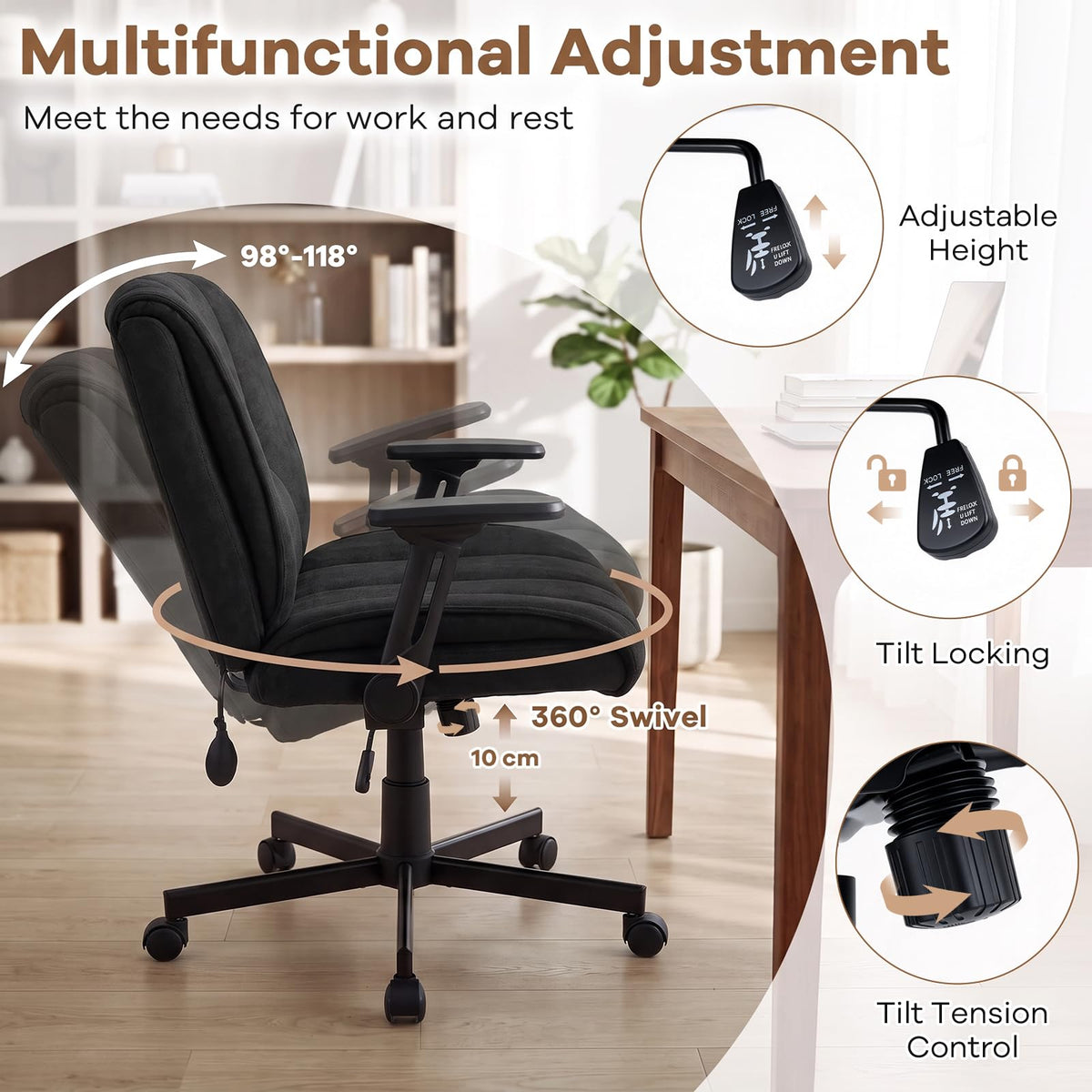 Criss Cross Home Office Chair with Airbag Lumbar Support and Wide Seat Adjustable Height