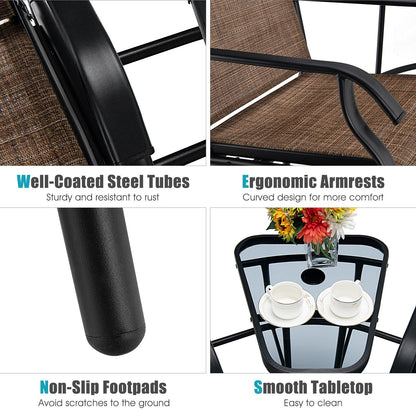 Outdoor Double Swing Glider Chair Set with Table and Umbrella Hole