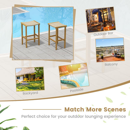 GiantexUK Rattan Garden Bar Stools Set of 2, Acacia Wood Patio Chairs with Curved Seat