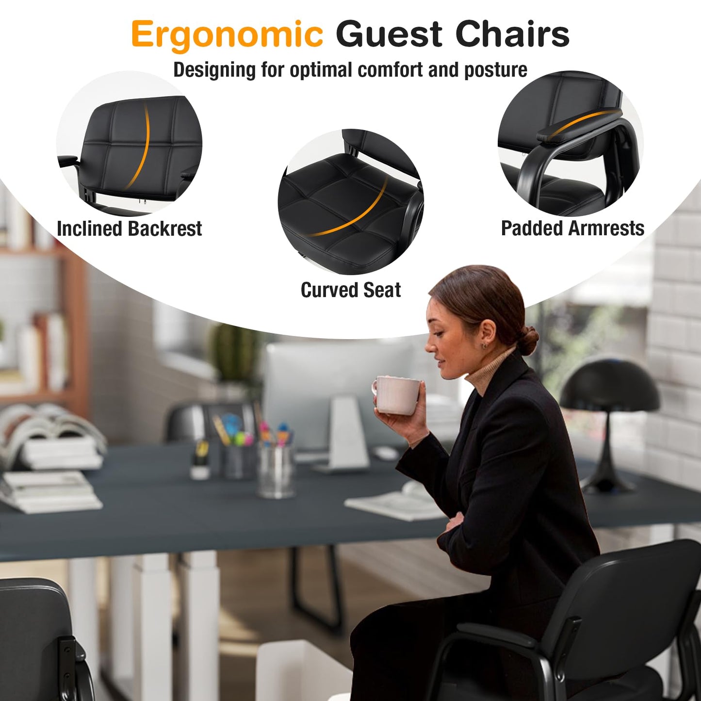 Set of 2 Ergonomic Reception Chair with Metal Frame and Padded Armrests
