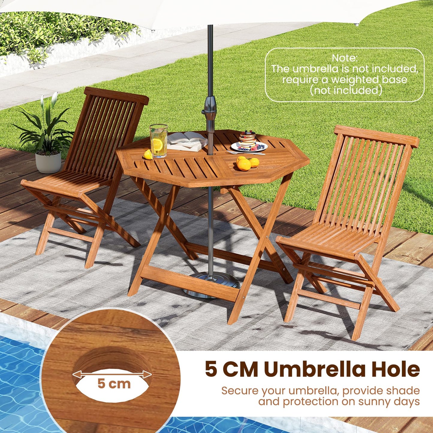 90cm Outdoor Dining Table, Solid Wood Garden Table with Umbrella Hole
