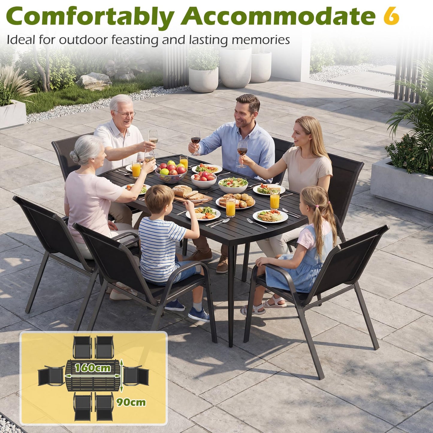 160 x 90cm Garden Table for 6, Outdoor Dining Table with 4cm Umbrella Hole