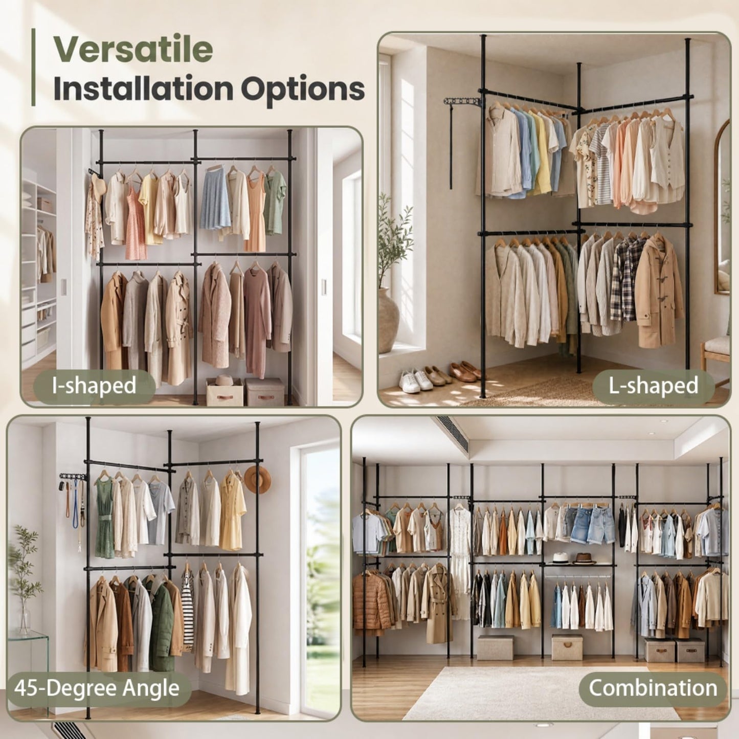 Adjustable Floor to Ceiling Clothes Rack with 2 Hanging Rods Folding Drying Rack and Reacher Pole