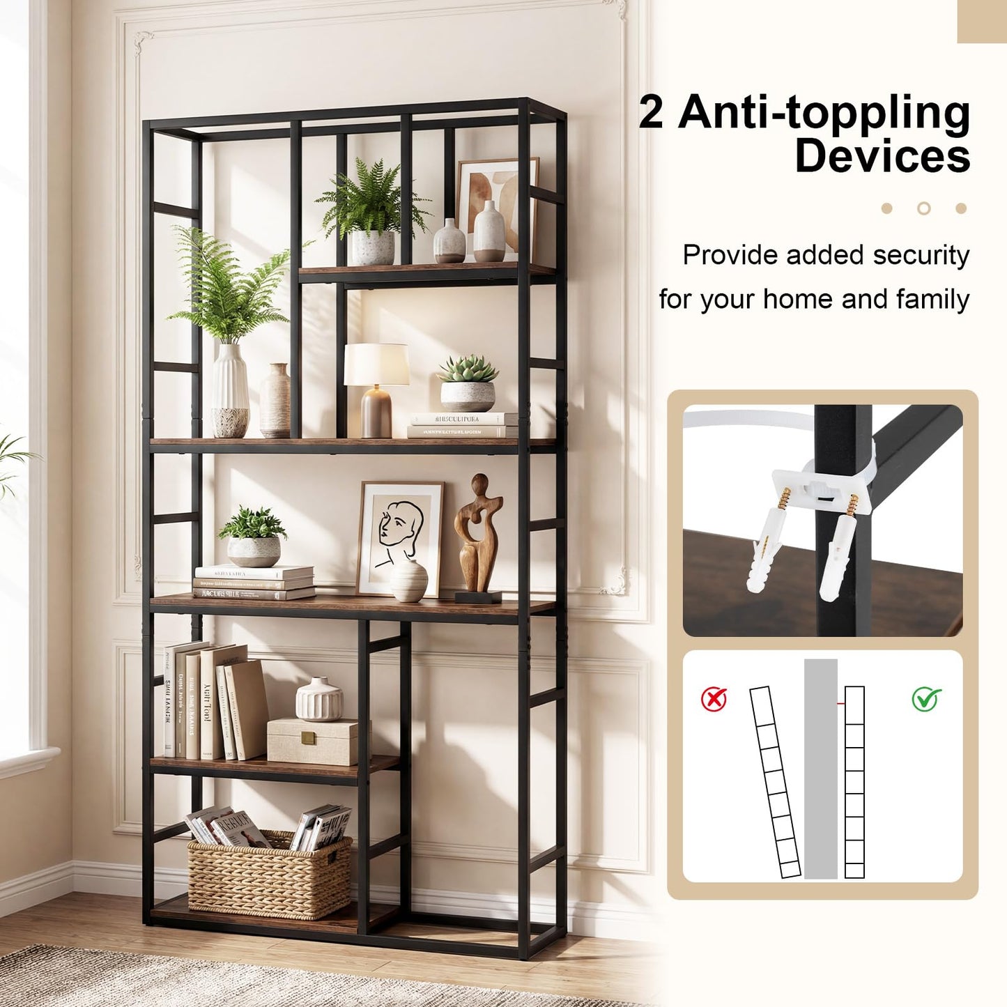 Bookshelf, Industrial Etagere Bookcase with Open Storage Shelves