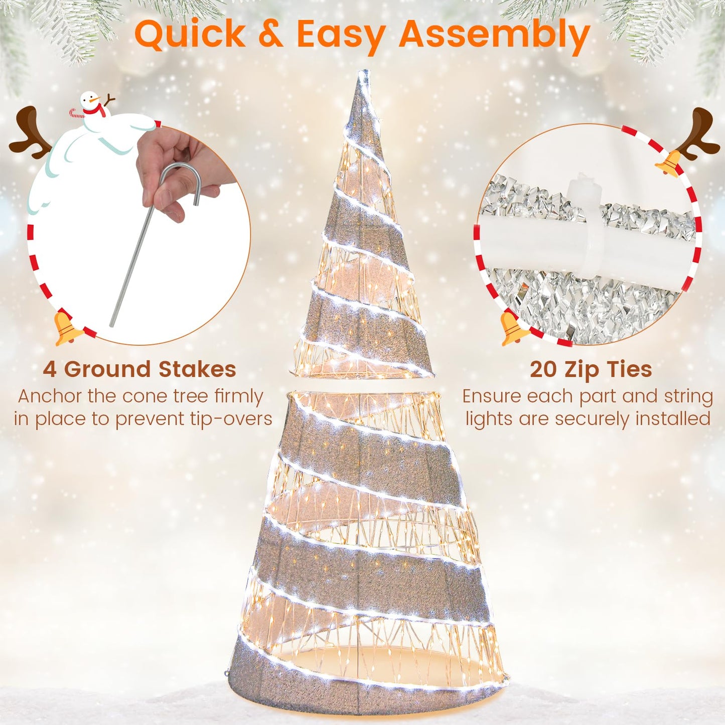 5FT Pre-lit Christmas Cone Tree with Warm White and White LED Lights