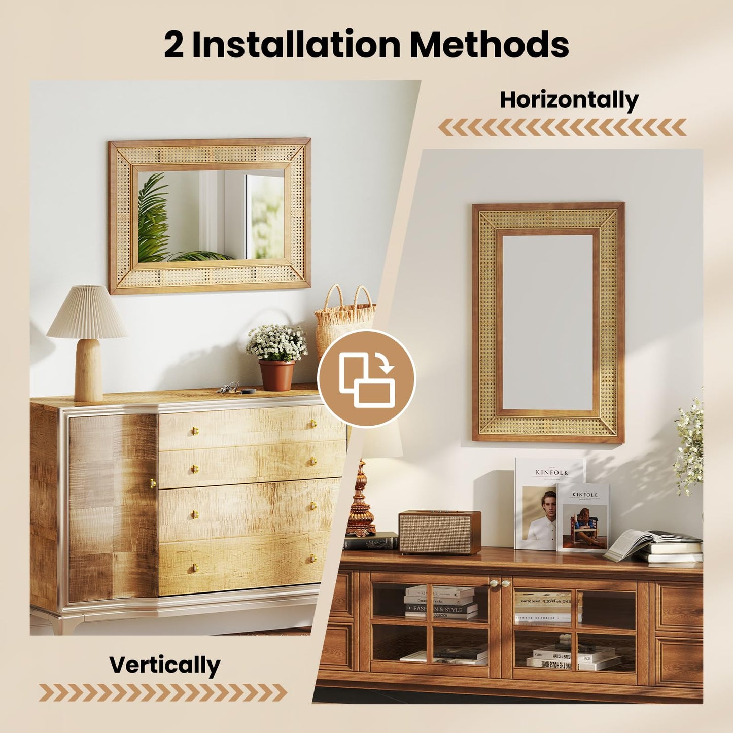 Rattan Decorative Wall Mirror, Large Wooden Frame Hanging Vanity Mirror