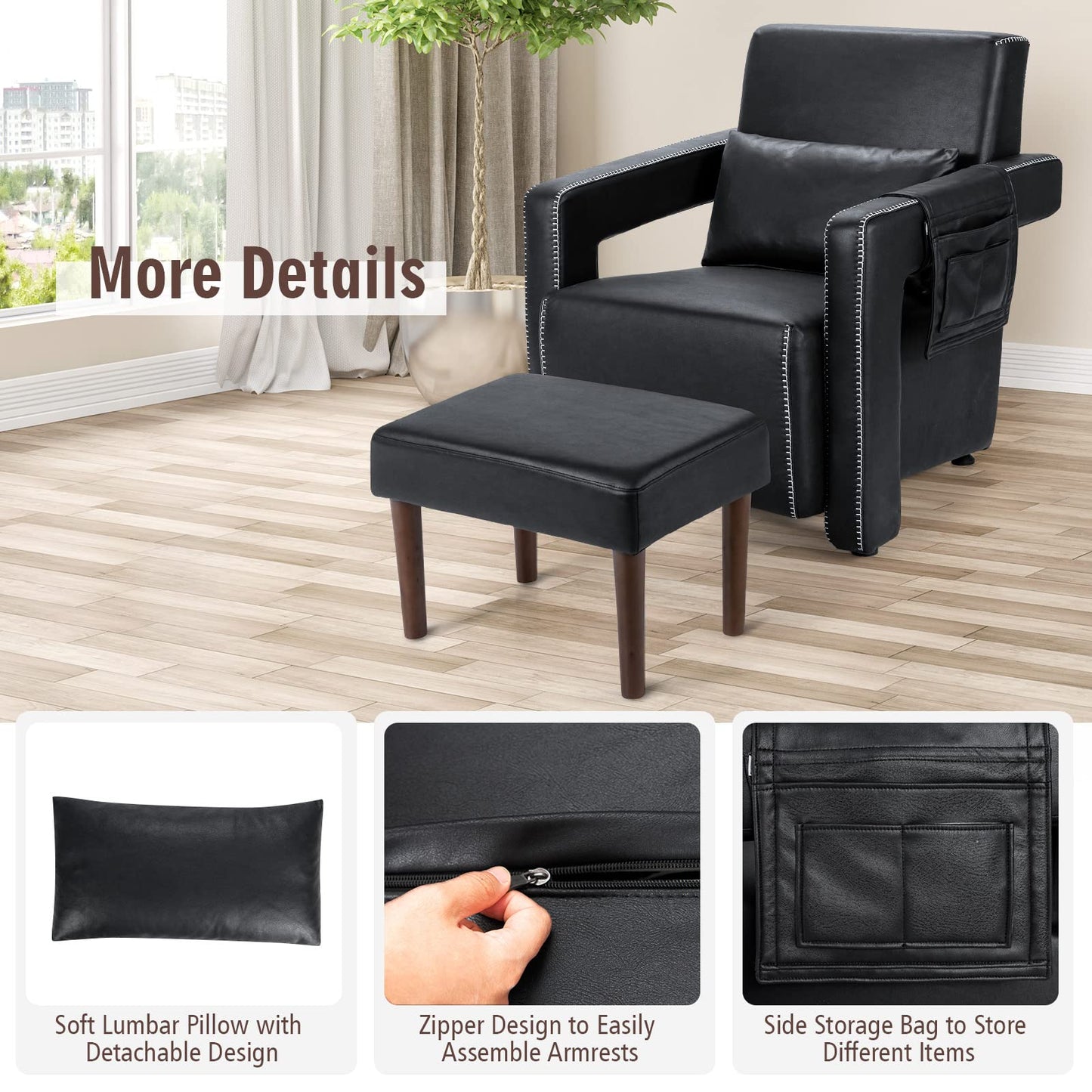 Modern Upholstered Padded Accent Chair with Footstool and Lumbar Pillow