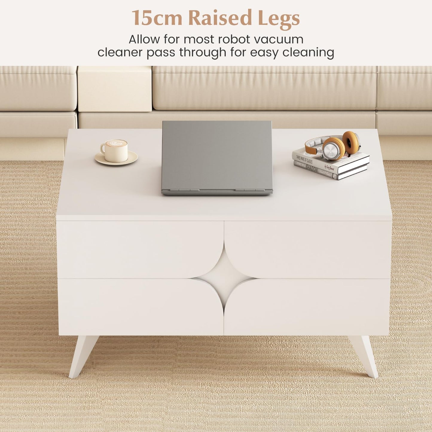 Coffee Table, Wooden Cocktail Table Sofa Side Snack Tables with 3 Doors and Back Open Shelf