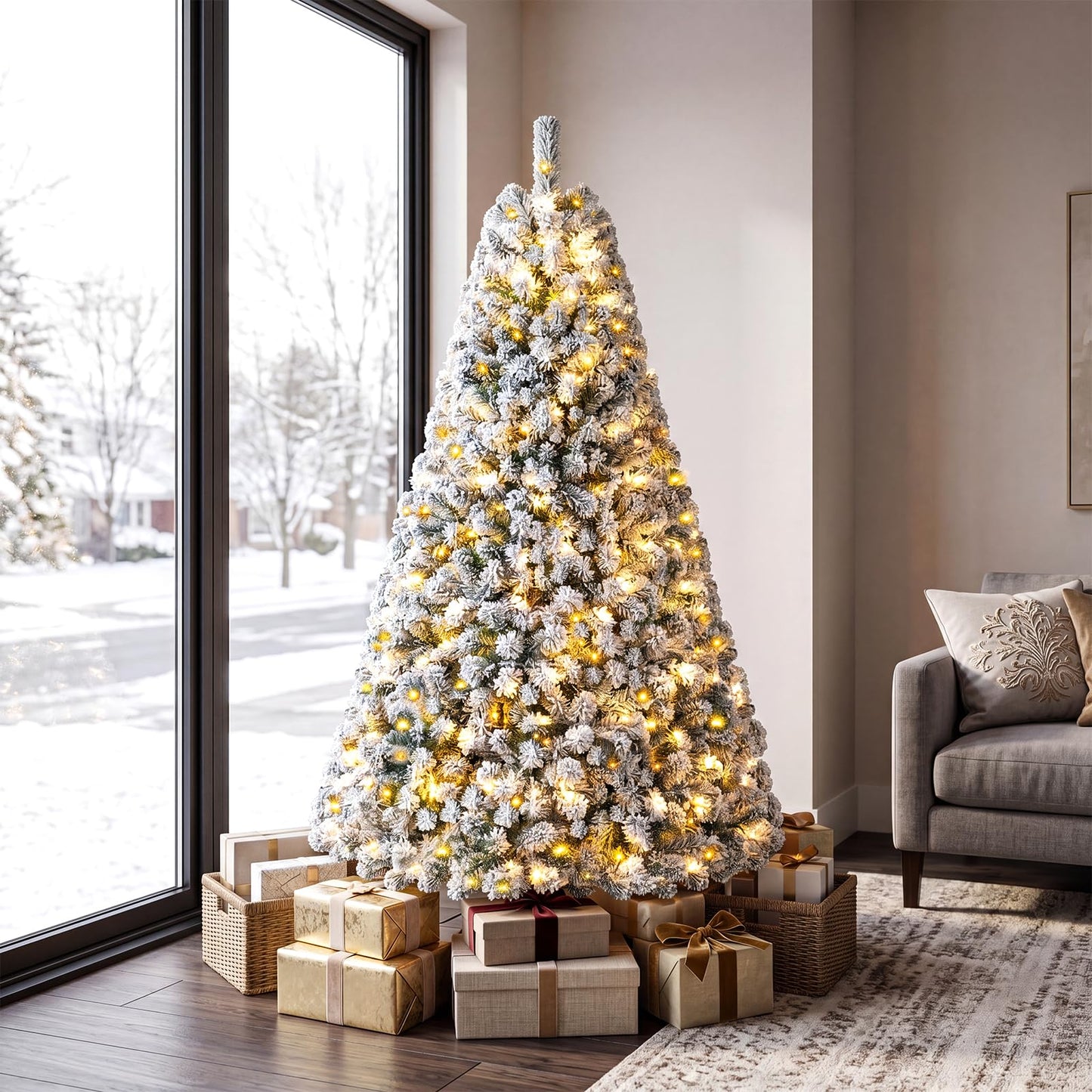 6FT Snow Flocked Christmas Tree, Pre-Lit Artificial Decoration Tree