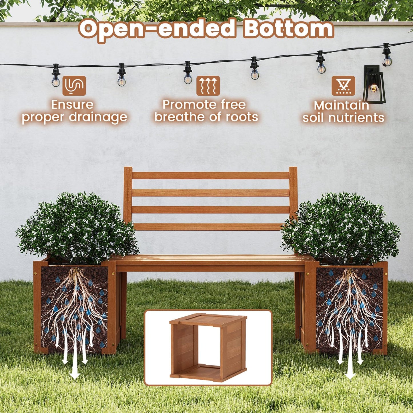 2-in-1 Wooden Planter with Bench, Raised Garden Bed with Open-ended Bottom