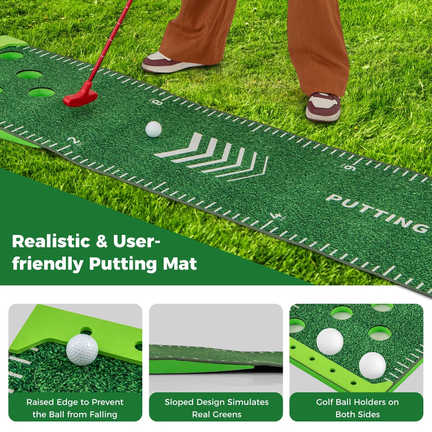 11 FT Putting Green Mat with 2 Adjustable Putters 6 Balls and 12 Hole Covers for Party