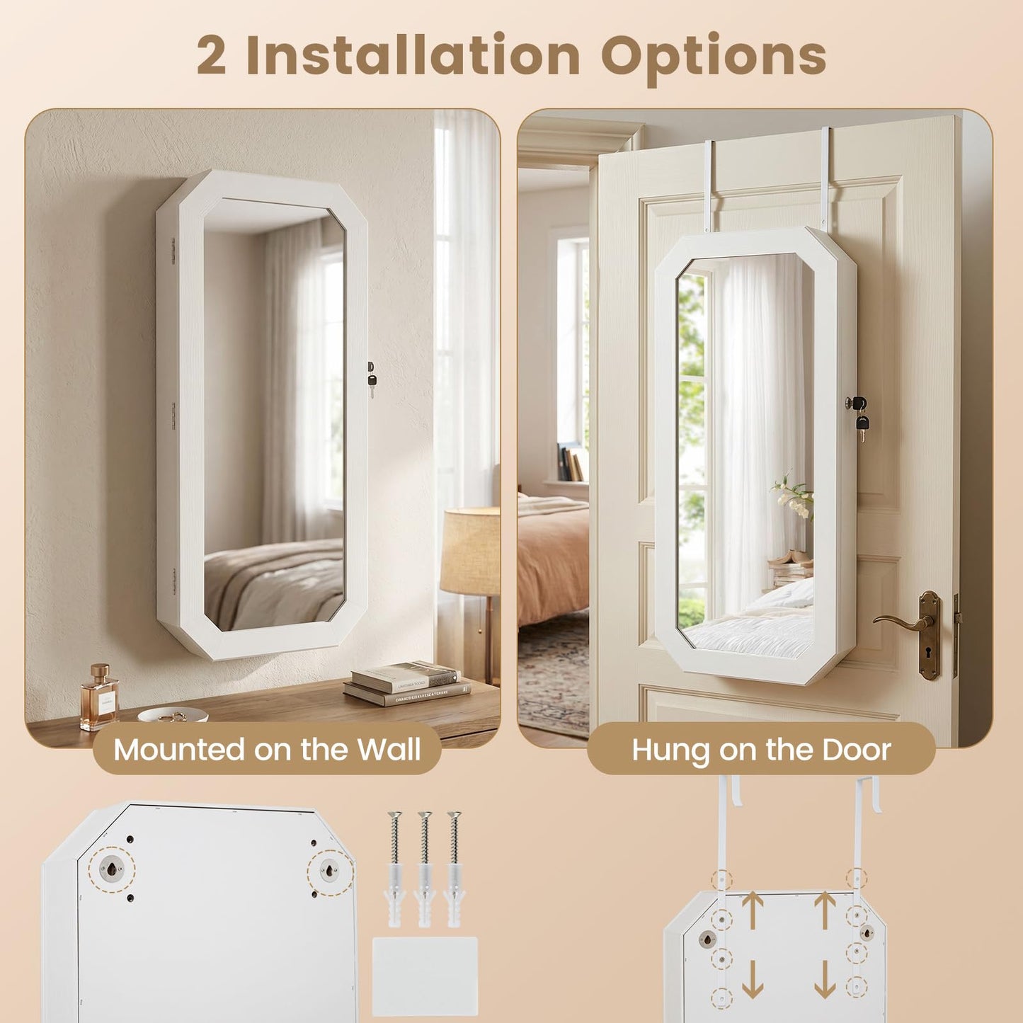 Lockable Full-Length Mirror Jewelry Cabinet with Storage Shelves for Bedroom