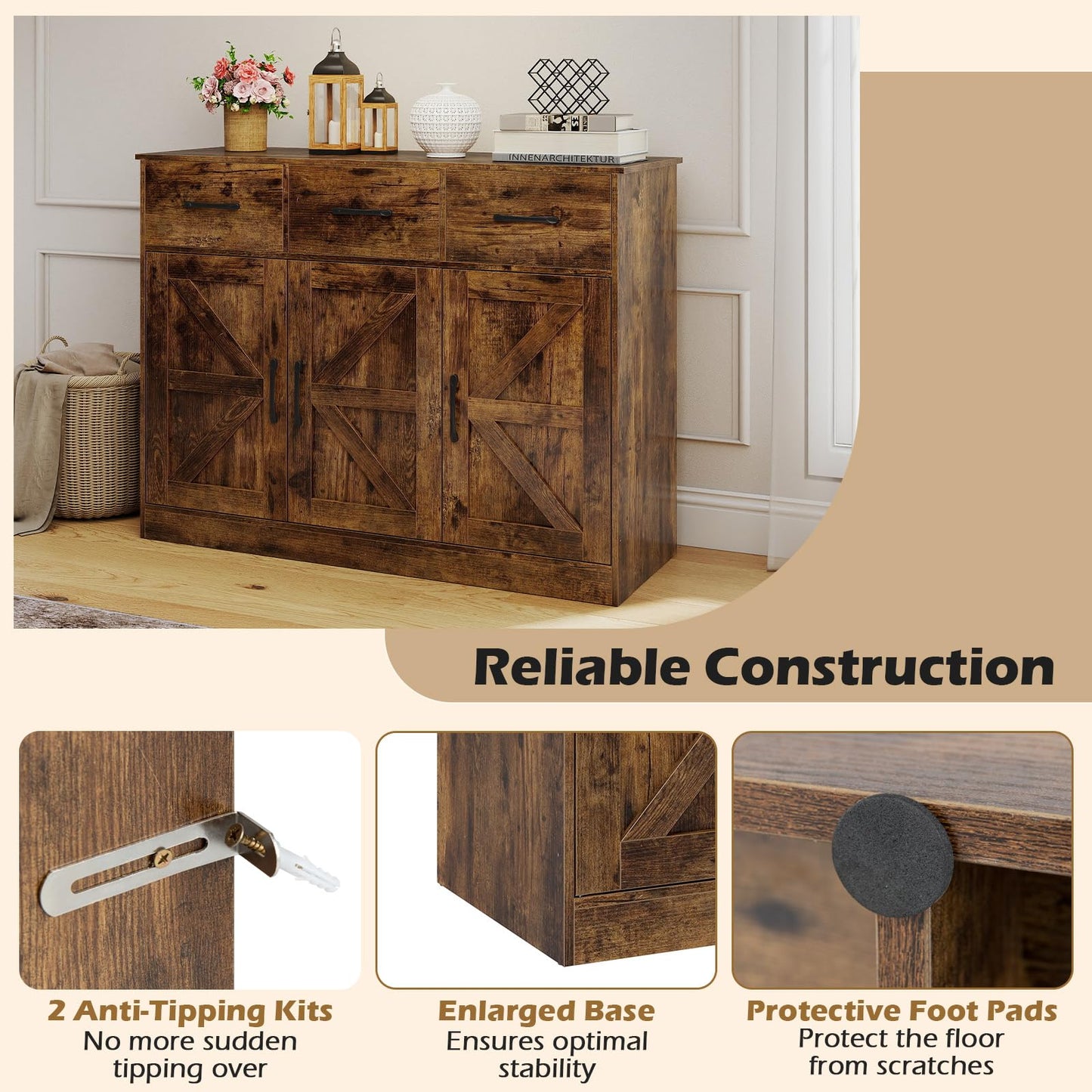 Sideboard Storage Cabinet, Large Kitchen Cupboard with Adjustable Shelf