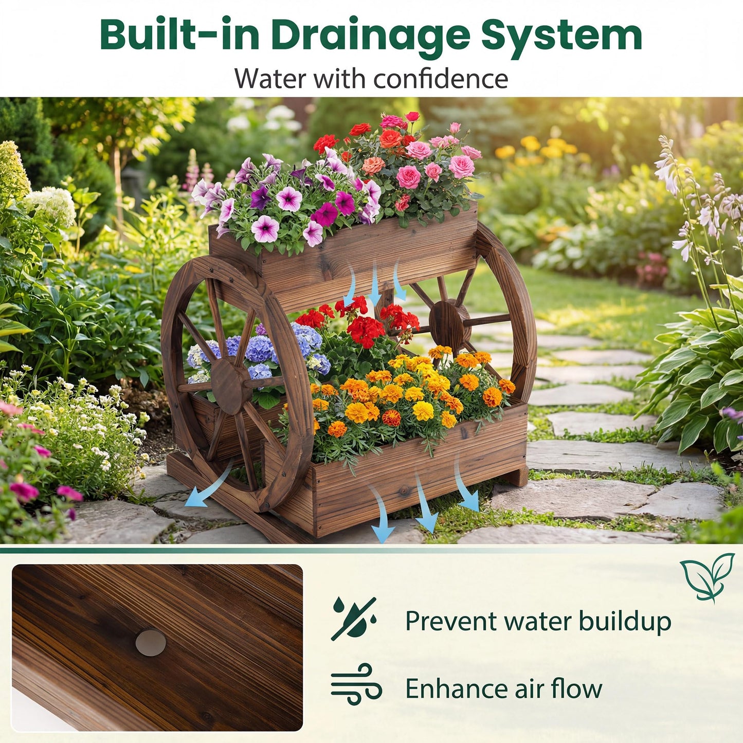 Wood Wagon Planter Box, 2-Tier Rustic Raised Garden Bed with Drainage Holes