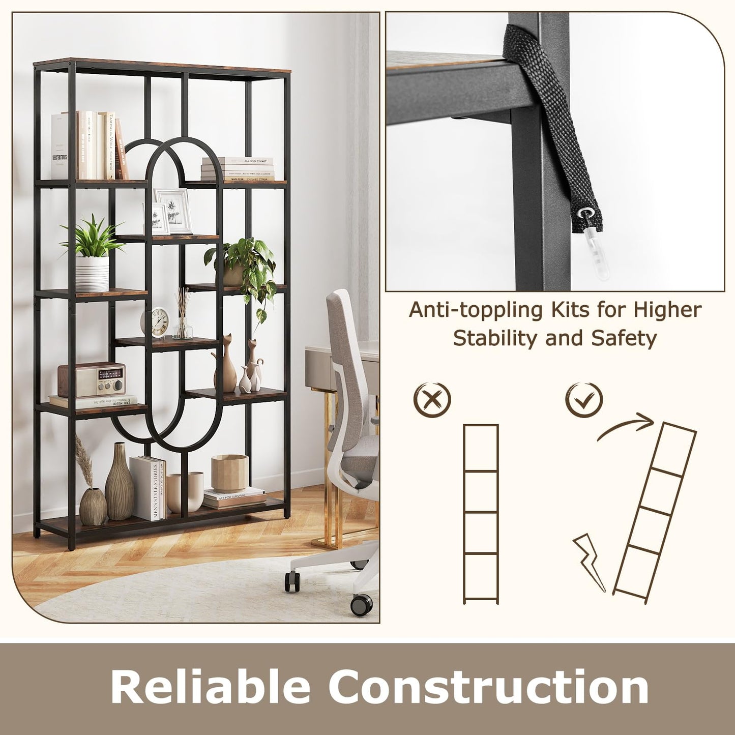 10-Tier Bookshelf, Industrial Etagere Bookcase with Open Storage Shelves