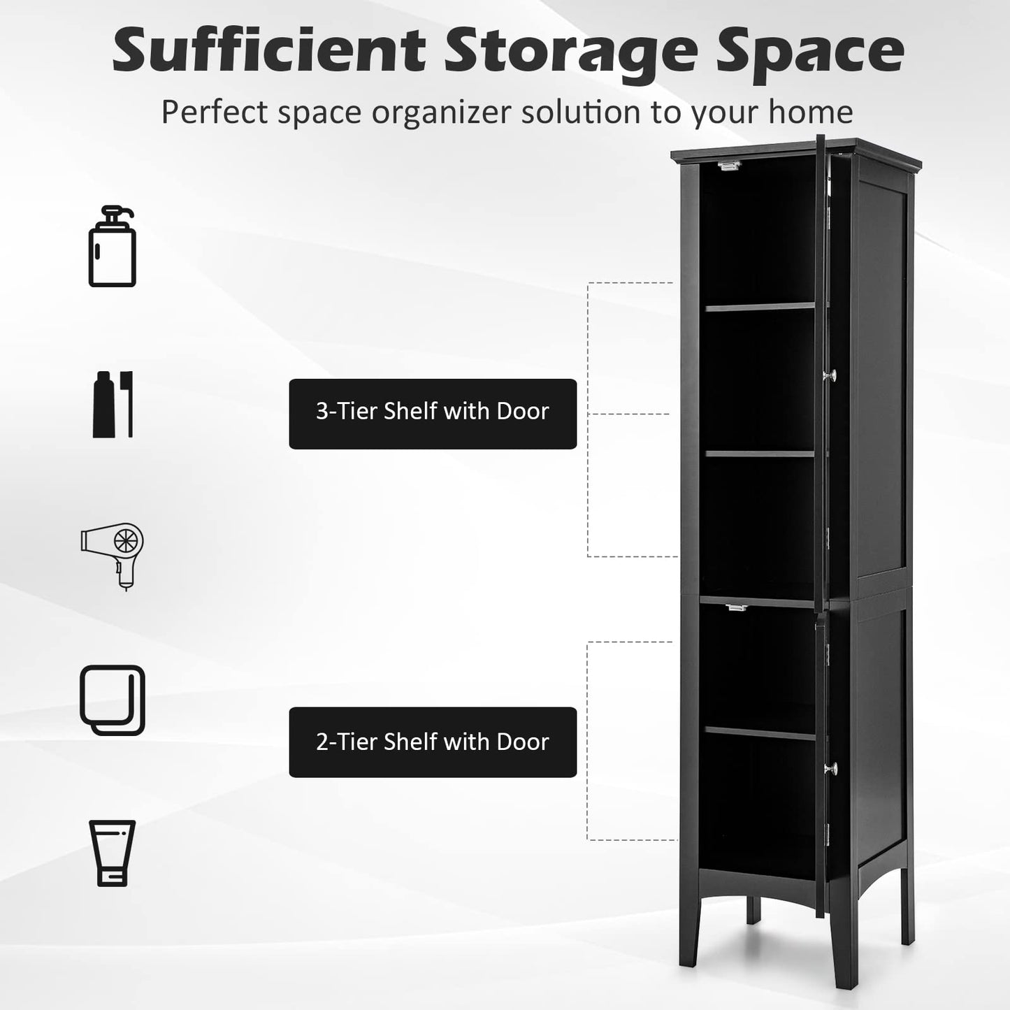 2 Door 160cm High Freestanding Bathroom Cabinet with 5 Tier Shelves