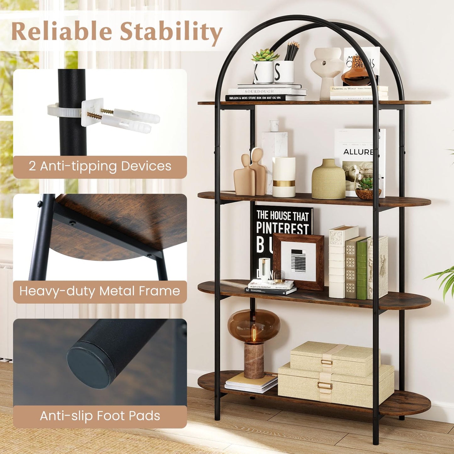 4-Tier Arched Bookshelf, 156cm Metal Frame Bookcase Shelving Unit