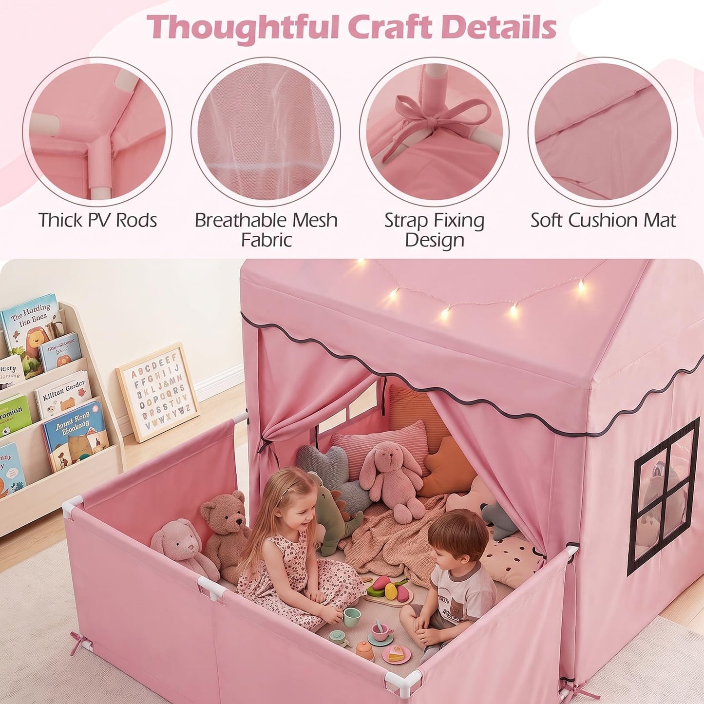 Kids Play Tent with Playpen, Star Lights, Cushion Mat
