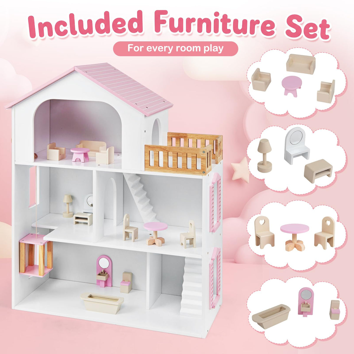 3-Story Wooden Dollhouse Playset with 5 Rooms and Furniture Accessories