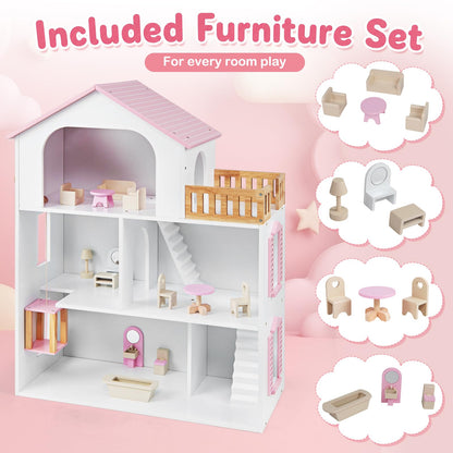 3-Story Wooden Dollhouse Playset with 5 Rooms and Furniture Accessories